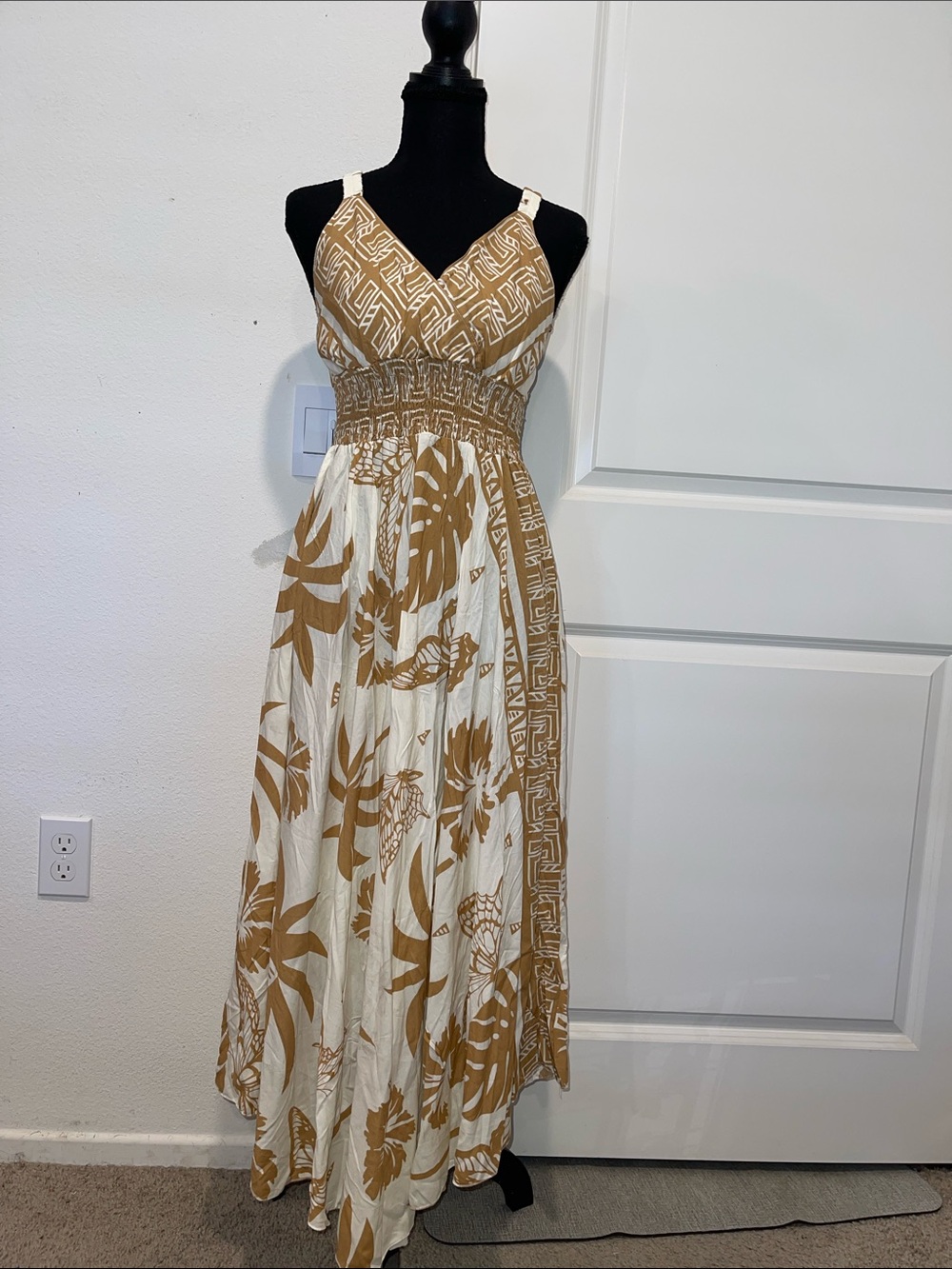 Women's Cream and Tan Printed Maxi Dress